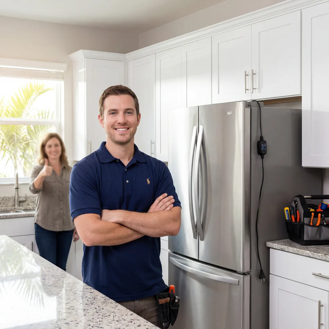 ChantaFix appliance repair technician inspecting a refrigerator in Hollywood, FL