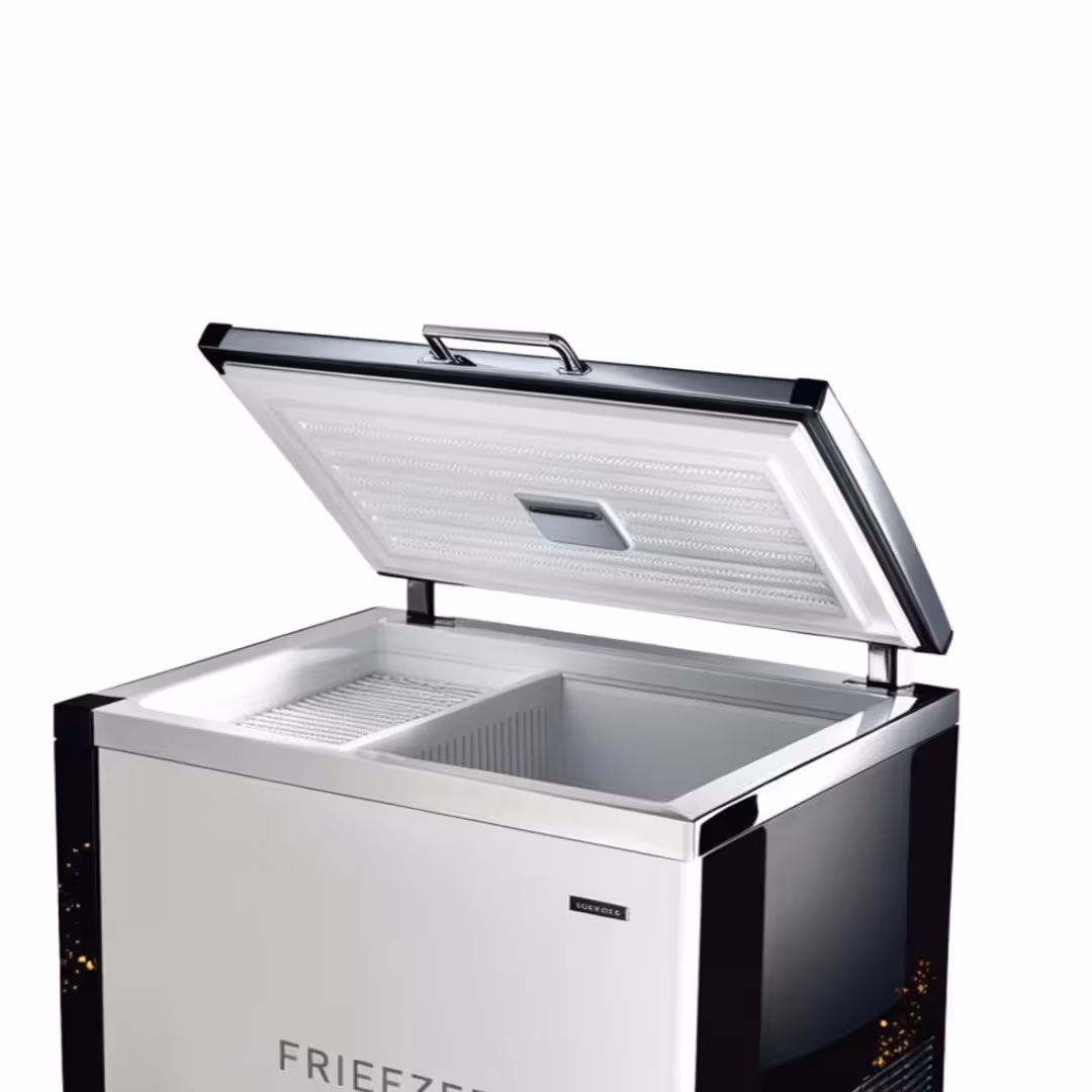 Upright freezer with frost build-up being defrosted and serviced