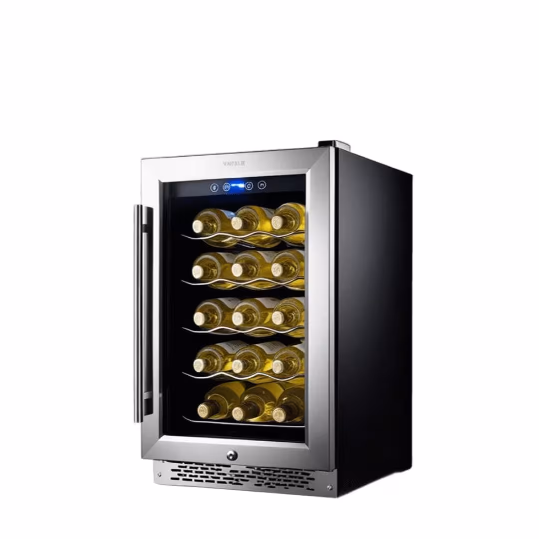 Dual-zone wine cooler with bottles, technician checking fan motor and thermostat